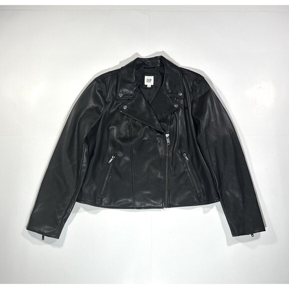 GAP Leather Motorcycle Jacket Women Size XL Black Full Zip Biker Moto Racer Cafe - Picture 1 of 15